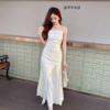 Double Slit Halter Dress Smooth Silk Tight Elegant Dress Floral Long Dress - Image 2