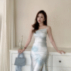 Double Slit Halter Dress Smooth Silk Tight Elegant Dress Floral Long Dress - Image 3