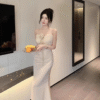 Silky Satin Noble Elegant Style Chest Flower Halter Dress Evening Party Dresses - Image 3