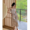 Ribbon Halter Knotable Waist Cutout Dress Long Elegant Ink Pattern - Image 4