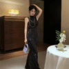 Sleeveless Long Neck Tight Stretch Elegant Beaded Glitter Dress Long Dress - Image 3