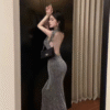 Sleeveless Long Neck Tight Stretch Elegant Beaded Glitter Dress Long Dress - Image 4
