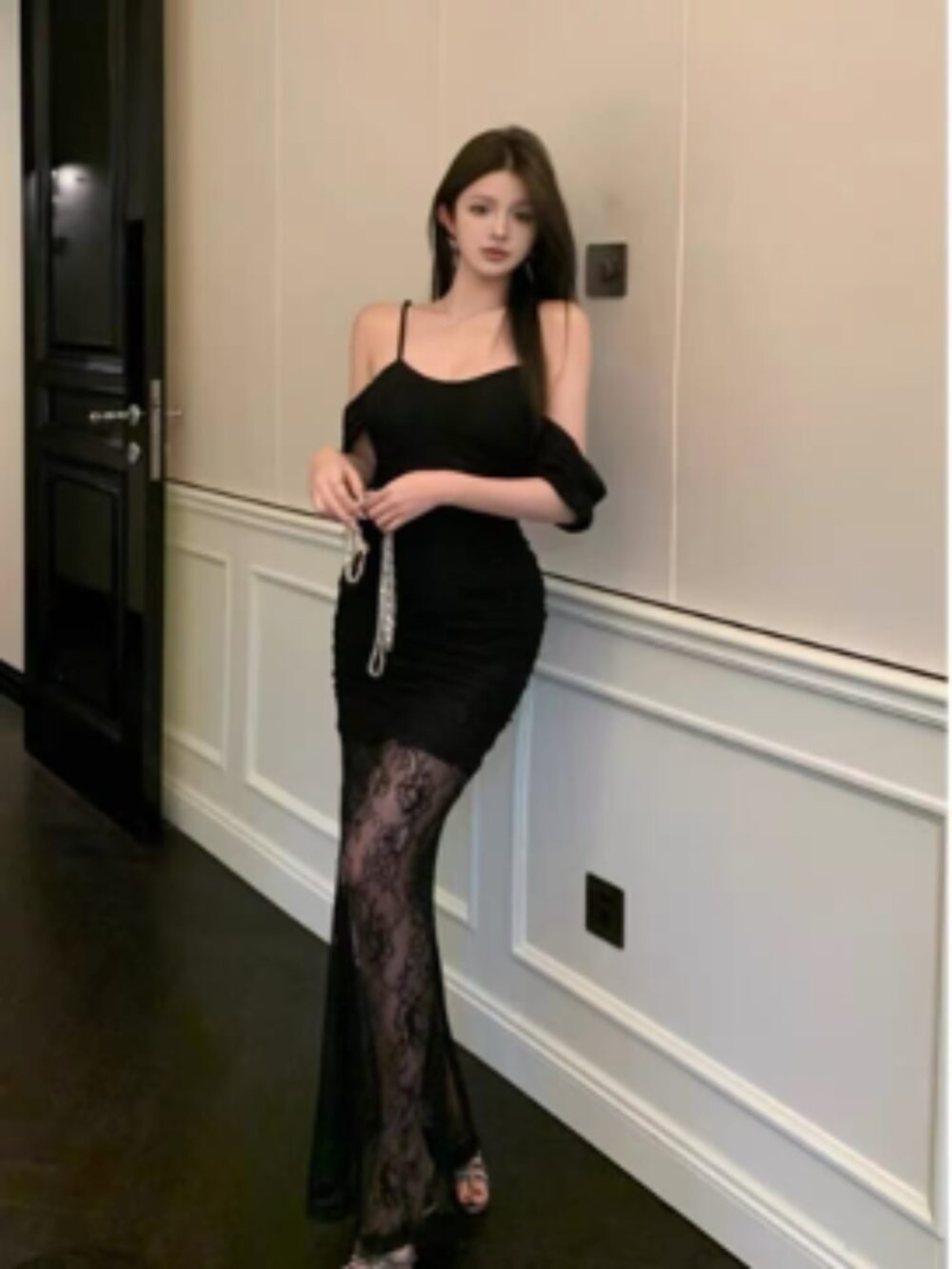 ALLURE RUCHED LACE PANEL GOWN - Image 2