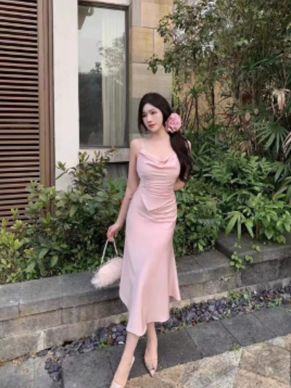 BLUSH PETAL COWL SATIN MIDI DRESS - Image 2
