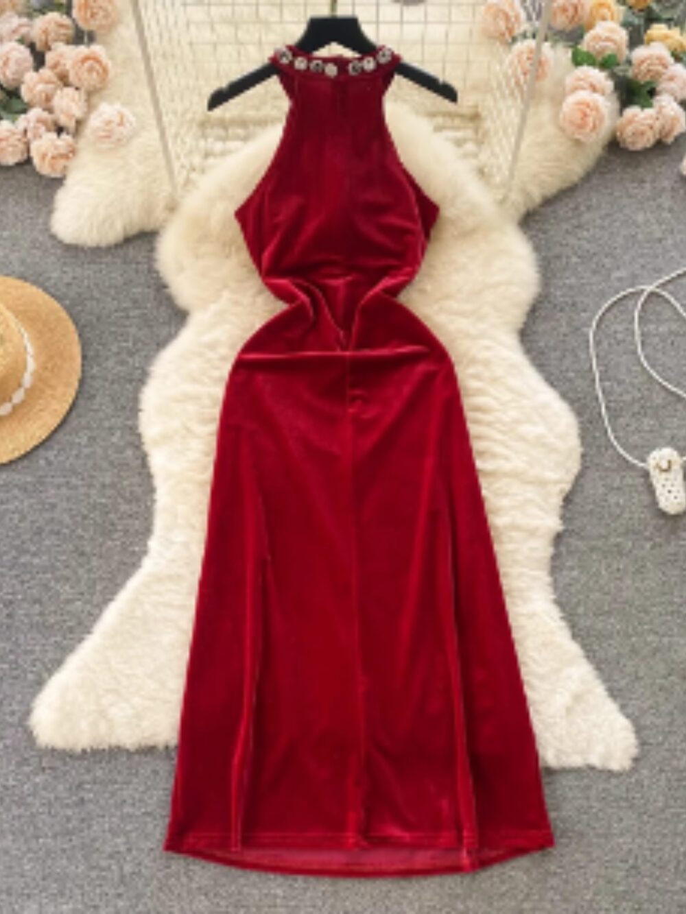 CRIMSON CRYSTAL HALTER VELVET GOWN - Image 2