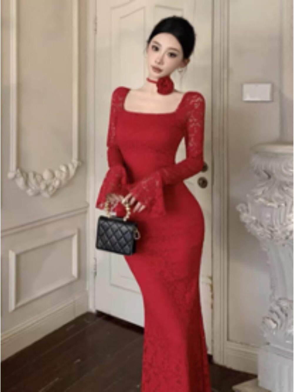 CRIMSON LACE HOURGLASS GOWN - Image 3