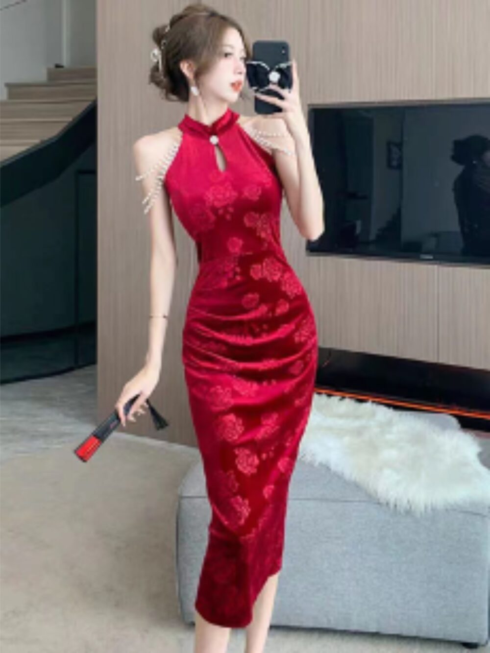 CRIMSON ROSE CHEONGSAM ELEGANCE DRESS - Image 2