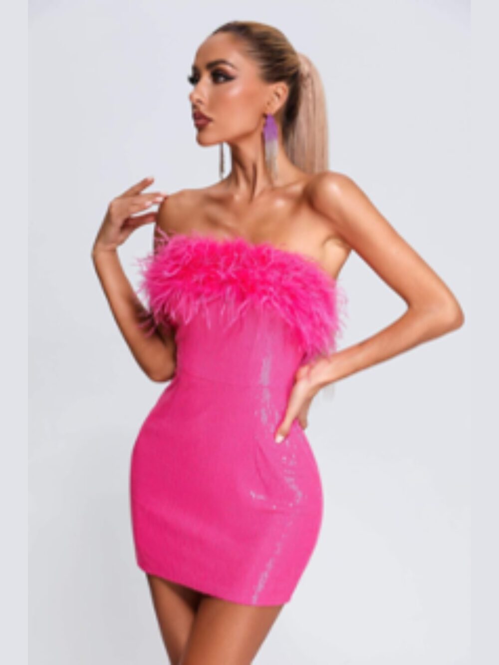 FLAMINGO SPARKLE FEATHER-TRIM MINI DRESS - Image 2