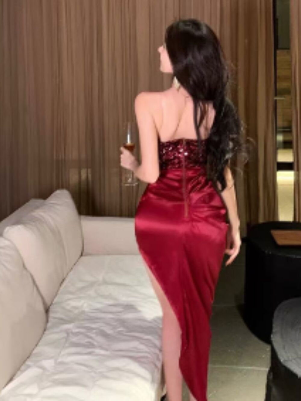 GARNET SPARKLE AND SATIN SLIT DRESS - Image 2