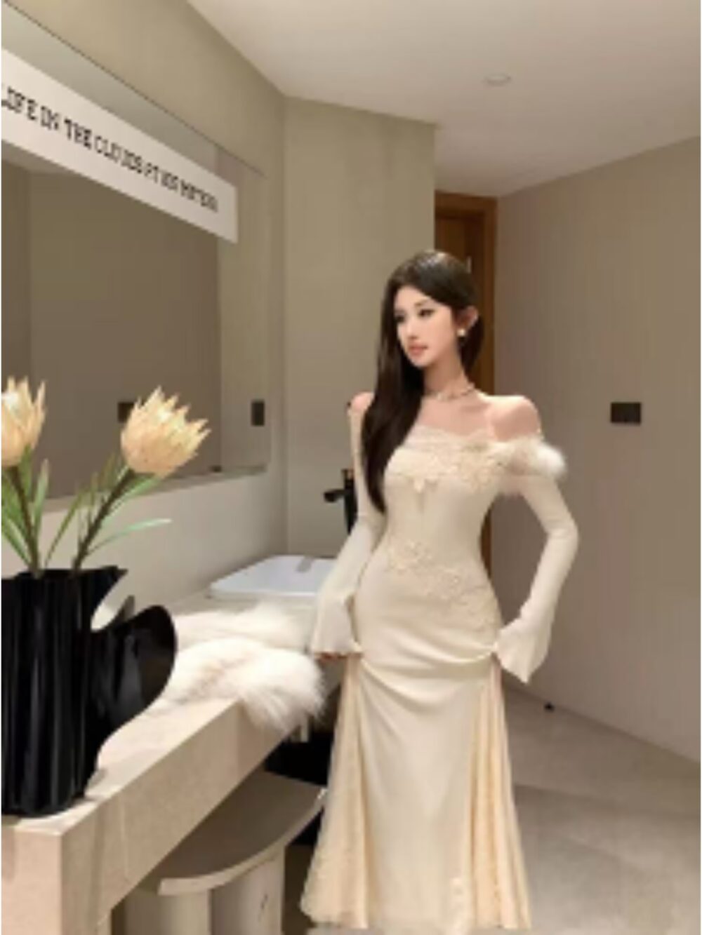 IVORY ORCHID ASYMMETRICAL LACE GOWN - Image 2