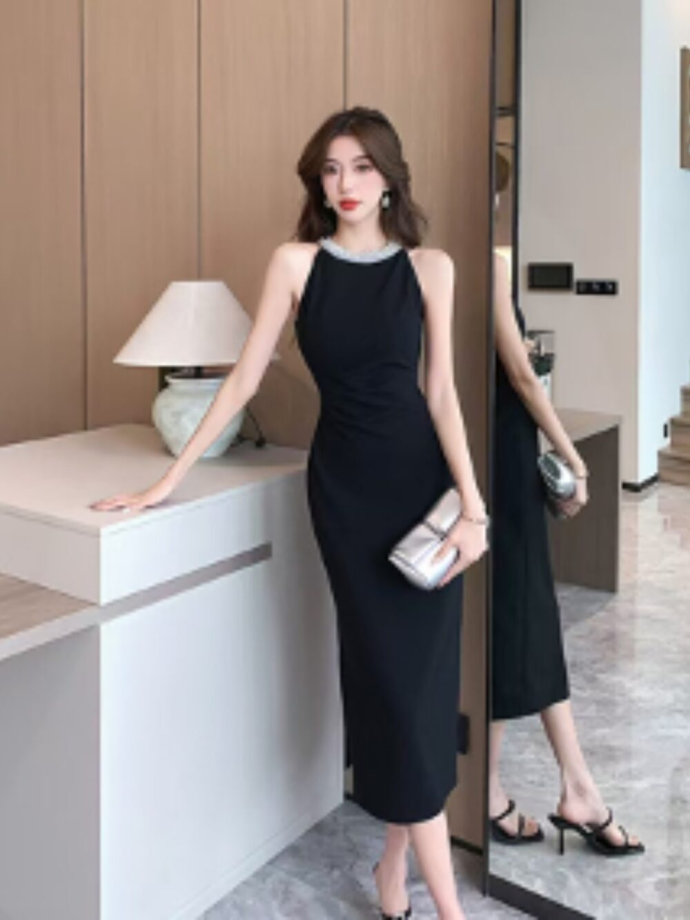 MIDNIGHT ELEGANCE EMBELLISHED HALTER MIDI DRESS - Image 2