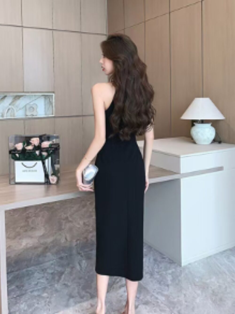 MIDNIGHT ELEGANCE EMBELLISHED HALTER MIDI DRESS - Image 3