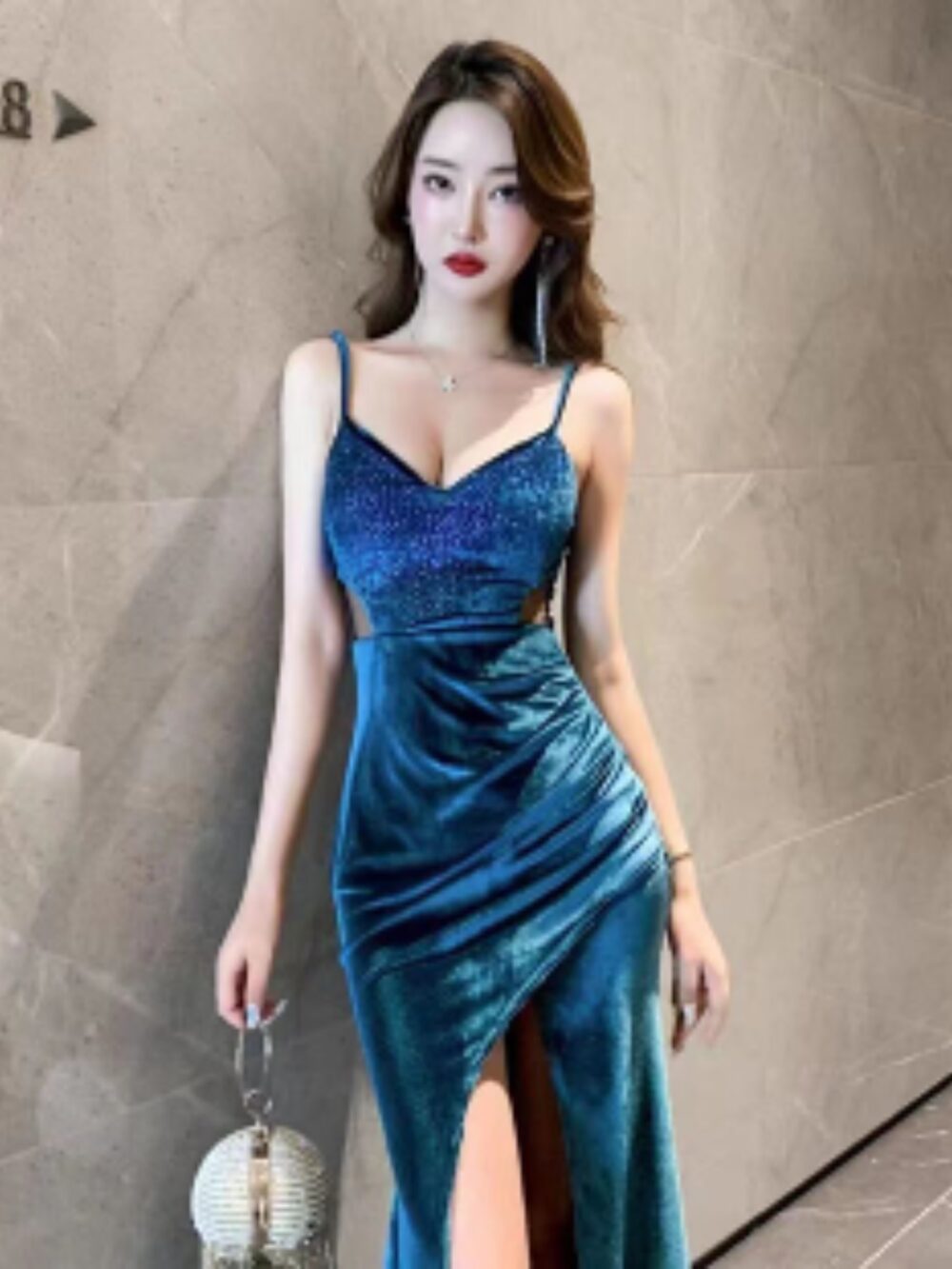 SAPPHIRE SHIMMER VELVET CUTOUT GOWN - Image 2