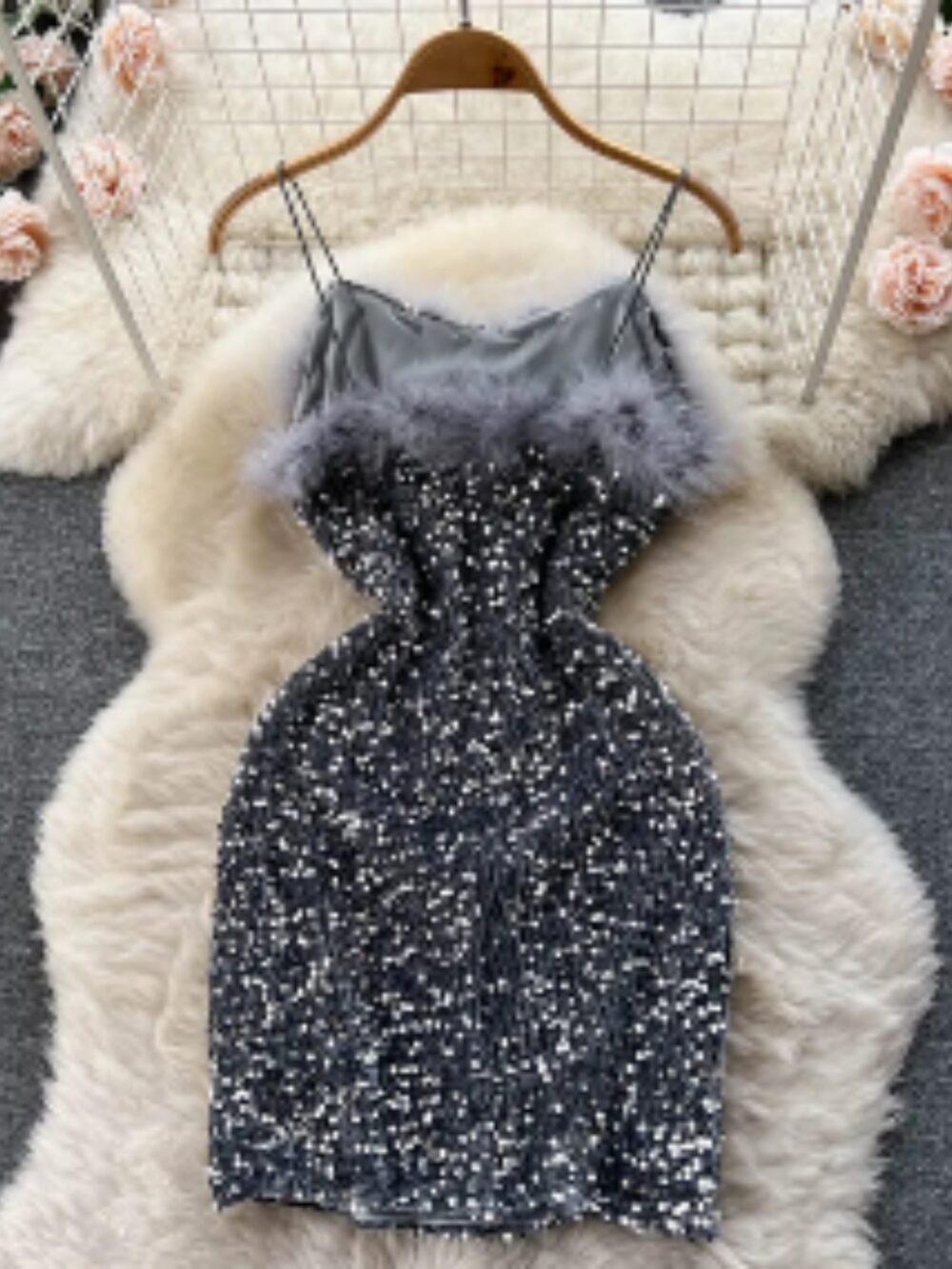 STARLIGHT SEQUIN FEATHER MINI DRESS - Image 6